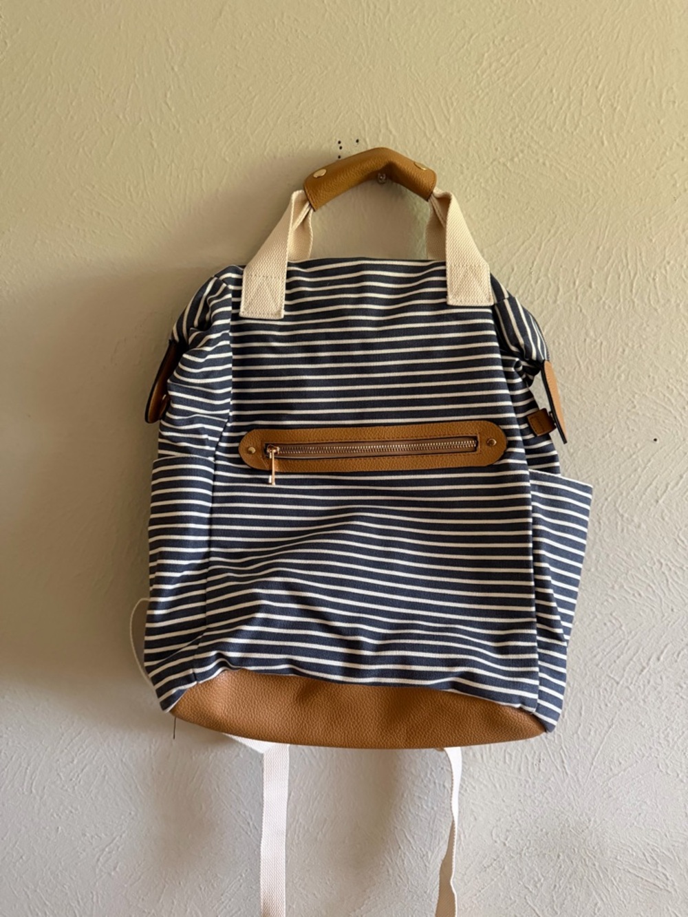 a new day Navy & White Striped Backpack with Tan Trim